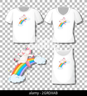 Niedliche Einhorn-Folie auf Regenbogen Cartoon-Figur mit Satz von verschiedenen Shirts auf transparentem Hintergrund isoliert Stock Vektor