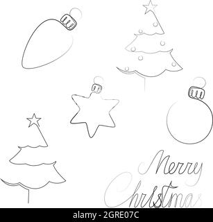 Christmas and New Year related single continuous line objects and lettering inscription. Vector set. Stock Vektor