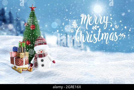 Frohe Weihnachten Grußkarte, Banner mit Schriftzug Stockfoto