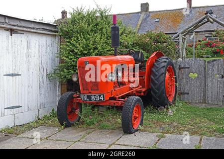 Alter David Brown Traktor (1962) verwendet, um Boote vom Strand zu starten, Boulmer, Stockfoto