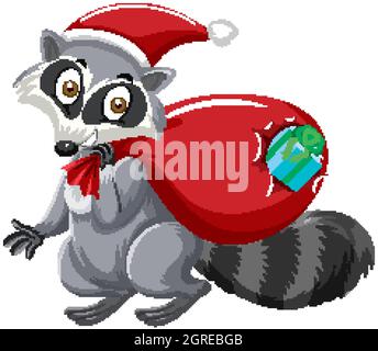Cute Raccoon trägt Weihnachtshut Cartoon Figur Illustration Stock Vektor