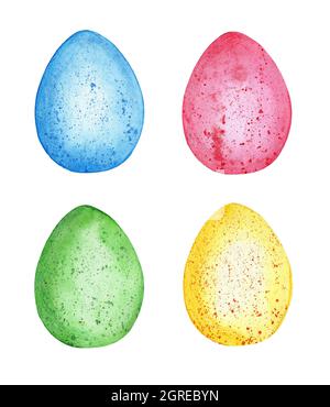 Aquarell-Illustration Satz von farbigen Ostereiern. Farbige gesprenkelte Eier. Ostern, Religion, Tradition. Isoliert auf weißem Hintergrund. Von Hand gezeichnet. Stockfoto