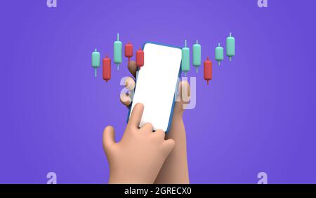 Cartoon-Stil Hand hält ein leeres Smartphone mit Trading-Investitionen Forex-Grafik. 3D-Rendering Stockfoto
