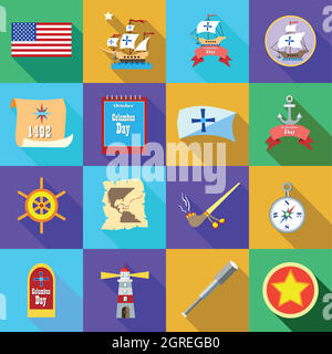 Columbus Day Icons Set, flatstyle Stock Vektor
