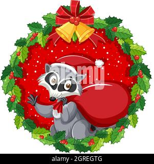Cartoon Waschbär in Weihnachtskranz isoliert Illustration Stock Vektor