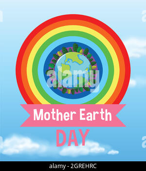 Poster Design für Mutter Erde Tag mit blauer Erde und Regenbogen Stock Vektor