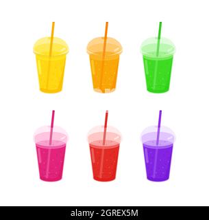 Realistisches Plastikglas mit Farbsaft aus Kiwi, Wassermelone und Blaubeeren. Stock Vektor