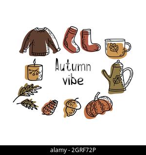 Herbststimmung. Set von gemütlichen Herbst Dinge. Tasse Tee oder Kaffee, Eichel- und Tannenzapfen, Blätter, Kerze und Pullover, Teekannen und warme Socken, Kürbis. Form von Stock Vektor