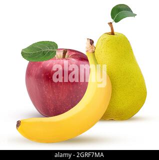 Roter Apfel, gelbe Birne und Banane mit Blatt isoliert auf weißem Hintergrund. Beschneidungspfad. Volle Schärfentiefe. Stockfoto