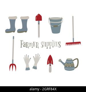 Betriebsbedarf eingestellt. Bunte Vektor isolierte Illustration von Hand gezeichnet. Erntezeit. Gummistiefel, Schaufel und Rechen, Eimer und Pitchfork, Handschuhe und w Stock Vektor