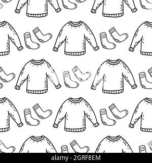 Nahtloses Muster mit warmem, kuscheligem Pullover und Socken. Kleidung für kaltes Wetter. Doodle-Vektor schwarz-weiß-Illustration. Wetter-Pullover. Winter und Autu Stock Vektor