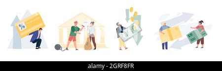 Flache Cartoon-Figuren in Finanztransaktionen Szenen dargestellt durch Metaphern, Vektor-Illustration Konzept Stock Vektor