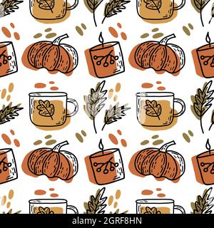 Nahtloses Herbstmuster. Tasse Tee oder Kaffee, Kerze und Blätter, Kürbis. Farbenfrohe Vektordarstellung „Doodle“. Verpackung oder Druck für Stoff, Papier, c Stock Vektor