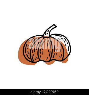 Kürbis niedliche Linie Symbol. Braune Form dahinter. Doodle-Vektor isolierte Illustration. Frohe Halloween. Erntezeit. Reifer Kürbis, Bio-Gemüsefoo Stock Vektor