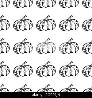 Nahtloses Muster mit Kürbis. Doodle schwarz und weiß Vektor Lebensmittel Gemüse. Konzept Urlaub Illustration. Frohe Halloween. Herbsternte, Landwirtschaft Stock Vektor