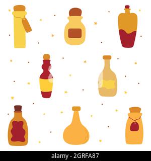 Set von Vintage-Flaschen, Glas für Getränke, Wein, Tränke. Bunte Vektor isoliert Illustration Hand gezeichnet Symbol Sammlung. Liebestrank, Elixier, Kosmetik Stock Vektor
