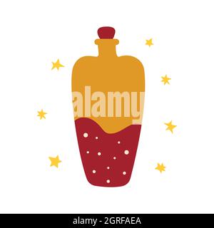 Vintage-Flasche, Glas für Getränke, Wein, Tränke. Buntes Vektor-isoliertes Bild handgezeichnetes Symbol. Liebestrank, Elixier, Kosmetikbehälter Stock Vektor