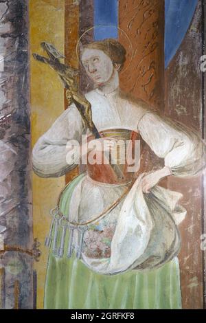 Heilige Notburga, Fresko auf dem Altar der Heiligen Isidor in der Kirche der Heiligen Klara von Assisi in Zagreb, Kroatien Stockfoto