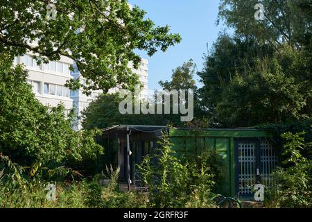 Hütte am Eingang zum Woodberry Wetlands Naturschutzgebiet, North London, Großbritannien Stockfoto