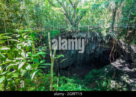 Indonesien, Papua, Biak Island, Goa Jepang, die Japanische Höhle diente als Basis und Versteck für japanische Soldaten während des Zweiten Weltkriegs 1944 starben dort 3000 Japaner, als das US-Militär oben in die Höhle ein Loch bohrte, Öl eintropfte und sie dann bombardierte. Stockfoto