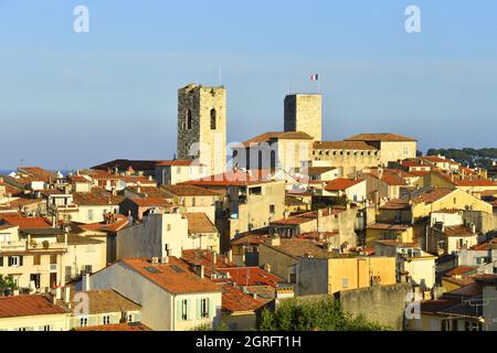 Frankreich, Alpes Maritimes, Antibes, die Altstadt lässt die beiden Sarazenen Türme des Picasso-Museums und der Kathedrale Notre Dame von der Unbefleckten Empfängnis erscheinen Stockfoto