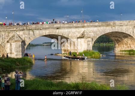 Frankreich, Loir-et-Cher, Loiretal, das von der UNESCO zum Weltkulturerbe erklärt wurde, Blois, Le Grand Retournement, Flottille traditioneller Boote, die die Loire von Montjean nach Orléans hinauffahren, Segler von Anjou, Touraine, Blésois und Orléanais fahren erstmals im Konvoi die Loire hinauf, Sie stammen von Charpentier aus dem Nièvre Jean-Marc Benoît, der unter dem Namen Bibi berühmt ist Stockfoto