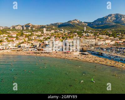 Frankreich, Bouches du Rhone, Marseille, der Strand von Pointe Rouge (Luftaufnahme) Stockfoto