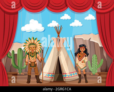 American Indian und Tipi auf der Bühne Stock Vektor