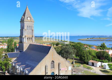 Frankreich, Vendee, Noirmoutier Island, Noirmoutier en l'ile, Saint Philbert Kirche und Salzwiesen im Hintergrund Stockfoto