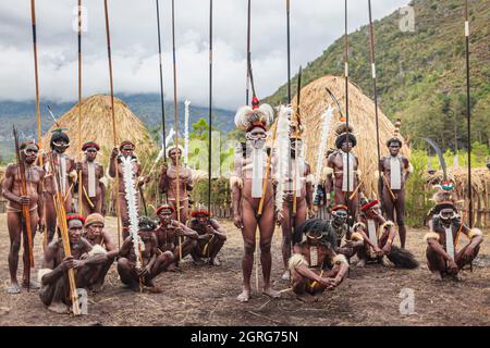 Indonesien, Papua, Stadt Wamena, Gruppe von Dani-Stammeskriegern, bewaffnet mit Speeren und vor ihren Hütten posiert. Baliem Valley Cultural Festival, jedes Jahr im August kommen Stämme zusammen, um uralte Kriegsszenen aufzuführen, Parade und Tanz in traditioneller Kleidung Stockfoto