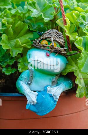 Gartenfigur eines Frosches mit einem Korb auf dem Kopf, zwischen grünen Blättern. Dekoratives Spielzeug, das in einem Topf mit einer Blume steht Stockfoto