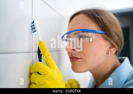 Reinigung Schmutziger Fliesenabstacheln Im Badezimmer Mit Zahnbürste Stockfoto