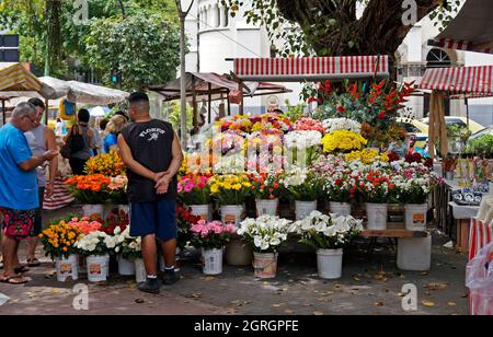 RIO DE JANEIRO, BRASILIEN - 20. DEZEMBER 2019: Blumenverkäufer auf dem Marktplatz in der Nähe von Ipanema Stockfoto