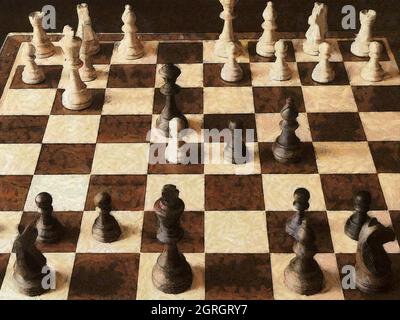 Draufsicht auf das Schachbrett. Strategiespiele. Kunstwerke Stockfoto