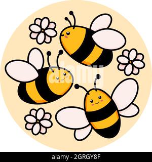 Niedliches Set von Bienen in einem runden Rahmen Vektor-Illustration im Doodle-Stil. Bunte Sammlung von Hummeln in einem Kreis, Kinder Zeichnung für Ikone und Logo-Design in gelben und schwarzen Farben auf weiß isoliert Stock Vektor