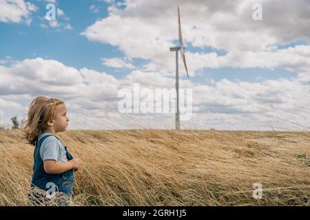 Kleiner Junge auf dem Feld, der die Windmühle anschaut Stockfoto
