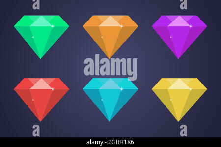Set aus Edelsteinen in einem flachen Stil. Grün, rot, blau, gelb, orange, Grün. Diamanten, Diamantschmuck Strasssteine EPS 10 Stock Vektor