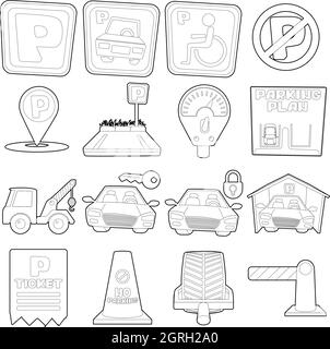 Parkplatz Icons Set, Cartoon-Umriss-Stil Stock Vektor