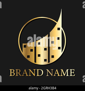 Logo Abstraktes Gebäude im Kreis, Architektur, Goldfarbe, Silhouette, Symbol, Symbol, Grafikvektor EPS 10 Stock Vektor