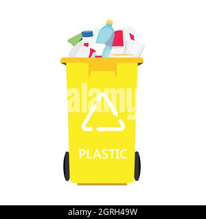 Gelbe Dose mit sortiertem Plastikmüll-Vektor-Symbol. Recycling Mülltrennung und Recycling isoliert auf weißem Hintergrund. Recyclingkonzept Stock Vektor