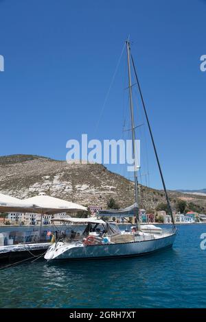 Boote in Hafen, Insel Kastellorizo (Megisti), Dodecanese Group, Griechenland Stockfoto