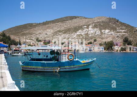 Boote in Hafen, Insel Kastellorizo (Megisti), Dodecanese Group, Griechenland Stockfoto