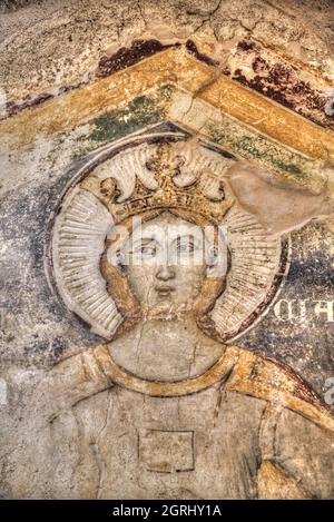 Fresco, die Kirche unserer Lieben Frau von der Burg (Byzantinisches Kunstmuseum), Rhodos-Altstadt, Rhodos, Dodekanes Island Group, Griechenland Stockfoto