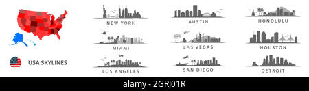 Sammlung amerikanischer Skylines, Großstädte in den USA, New York, Los Angeles, Detroit, San Diego, Honolulu, Houston, Austin Stock Vektor