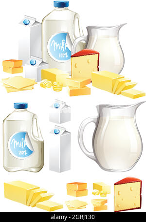 Verschiedene Milchprodukte mit Milch und Käse Stock Vektor