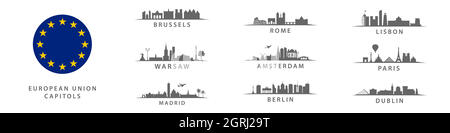 Sammlung von Kapitolen der Europäischen Union, große Stadt auf dem alten Kontinent, wichtige Metropole Panorama gesetzt Stock Vektor