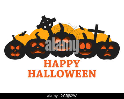 Halloween Banner mit Kürbissen, Fledermäusen und Kreuz isoliert auf weißem Hintergrund. Jack-o Laterne für Flyer und Werbematerialien. Vektorgrafik Stock Vektor