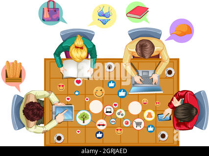 Büroschreibtisch von oben mit Symbolen für Beamte und soziale Medien auf weißem Hintergrund Stock Vektor