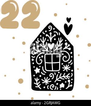 Winter Vektor Illustration des nordischen Hauses mit Herz. 24 Tage vor dem Feiertag, 22. Tag. Weihnachten Adventskalender mit niedlich Stock Vektor