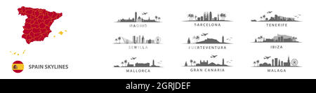 Sammlung spanischer Skylines, großer Städte in Spanien, Madrid, Vektorgrafiken-Silhouetten mit Madrid, Barcelona, Sevilla, Malaga, Ibiza, Teneriffa, Stock Vektor